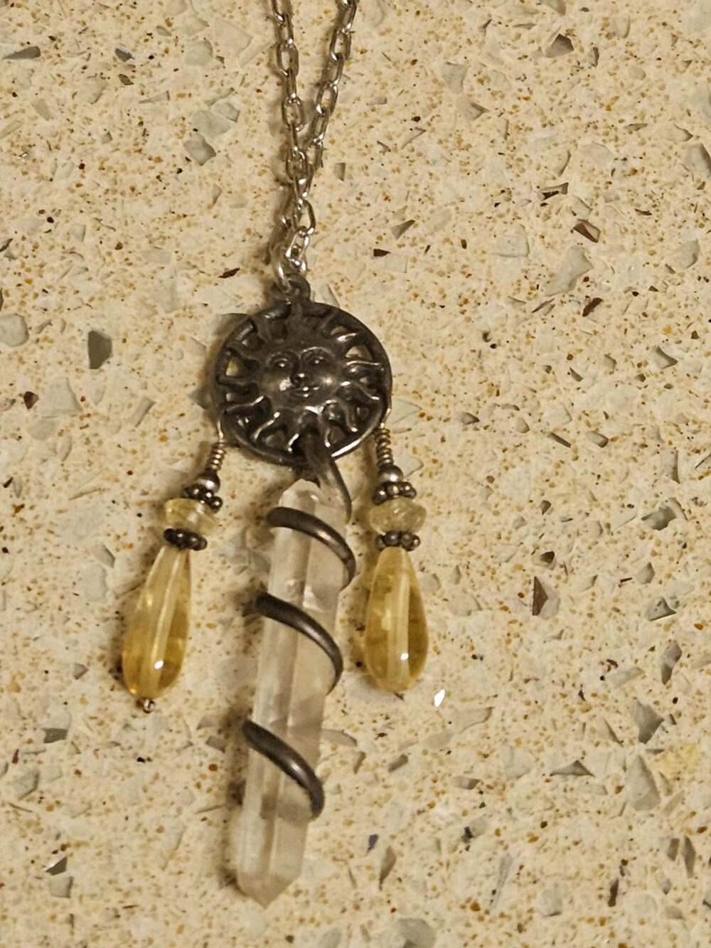 Crystal Sun Pendant Pewter Tone Necklace - 17"